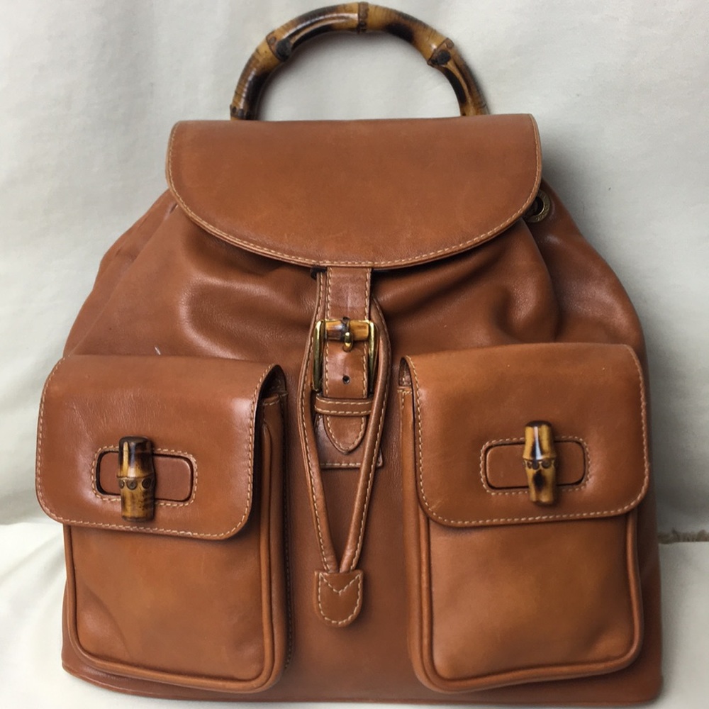 VINTAGE GUCCI bamboo backpack in camel leather